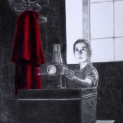 Charcoal and red chalk drawing of girl with magic lantern and red cloak
