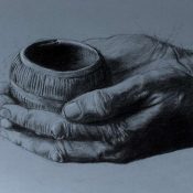 charcoal drawing on toned paper of man's hands holding bronze age clay bowl pygmy vessel